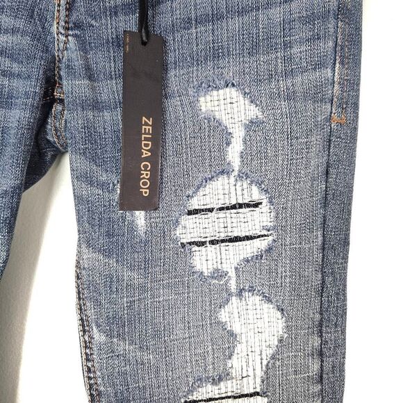 NWT EXPRESS Zelda Low Rise Distressed Stitched Med Wash Whiskered Crop Jeans 00 - Picture 2 of 8